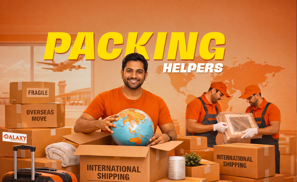 Galaxy's Trained house packing helpers in Chennai preparing fragile and international shipping cartons