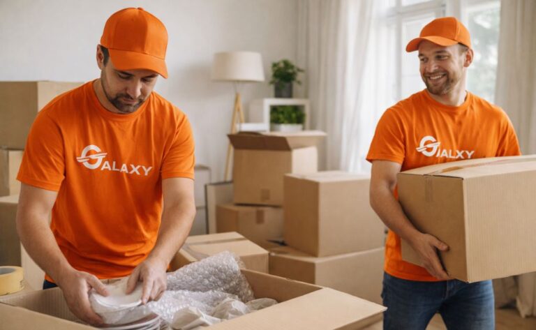 Professional house packing helpers in Chennai preparing boxes for international shipping with Galaxy movers and packers team