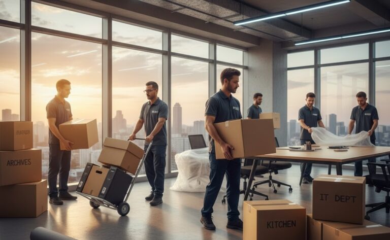 Professional team handling corporate packing and shifting for office relocation service in Chennai with labeled department boxes and modern workspace setup.