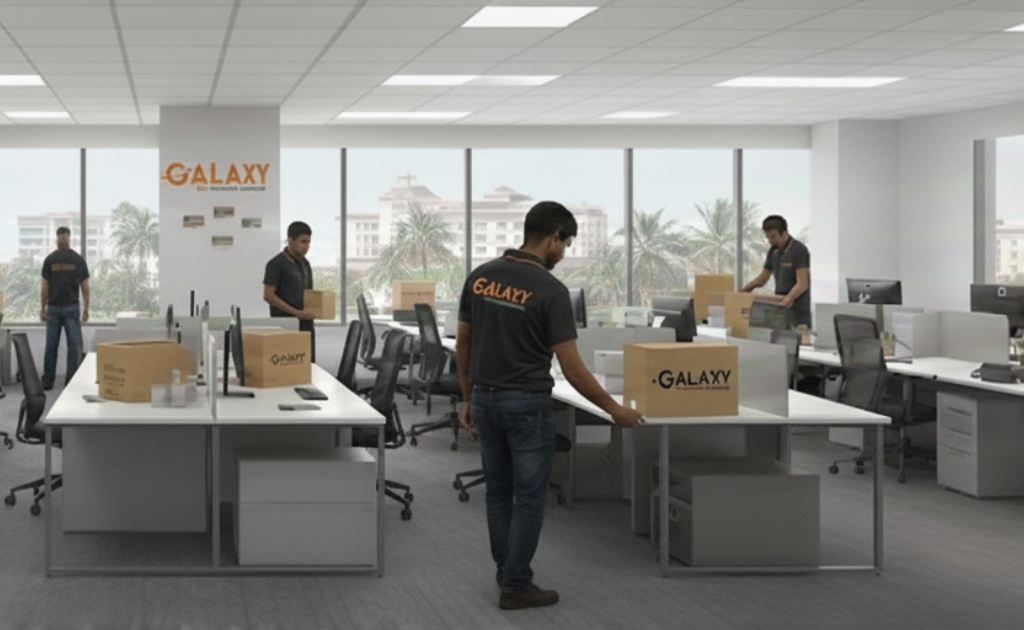 Galaxy team executing organized office relocation service in Chennai with secure packing, desk dismantling, and IT equipment handling in corporate office.