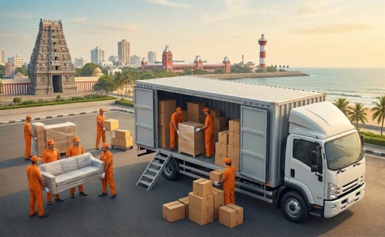 Top 5 packers and movers in Chennai loading household goods into truck near Chennai city landmark