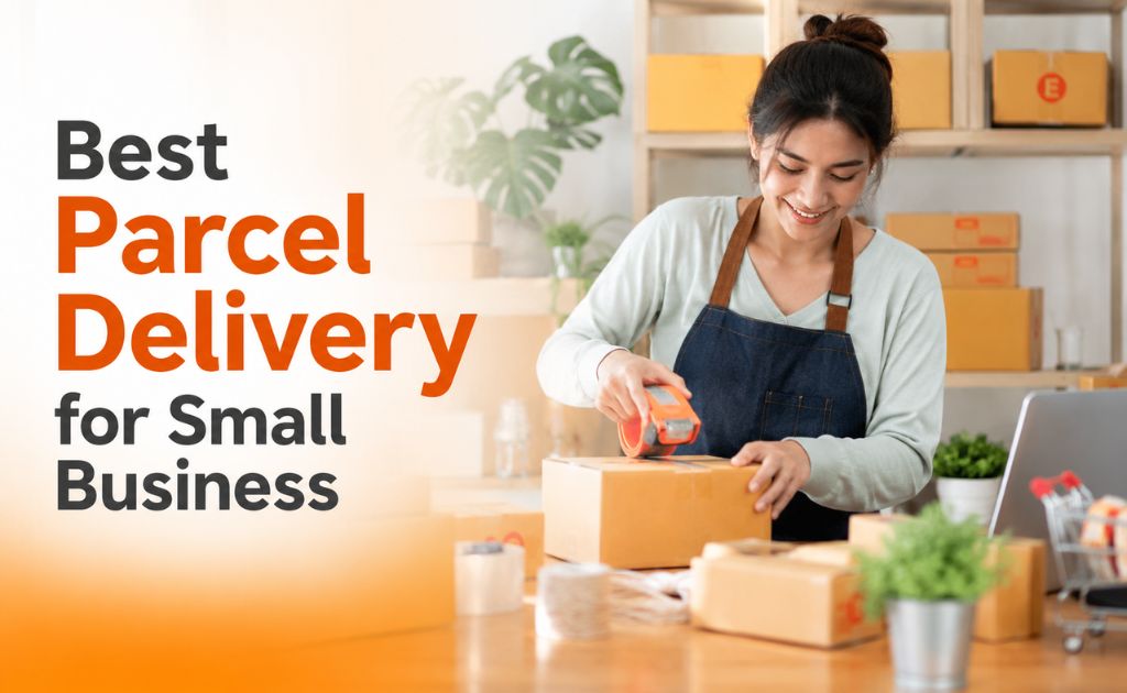 A small business owner packing a cardboard parcel at a shipping workstation with packaging supplies, laptop, and boxes, representing reliable parcel delivery services for small businesses. The banner features the text "Best Parcel Delivery for Small Business" with an orange-themed professional design.