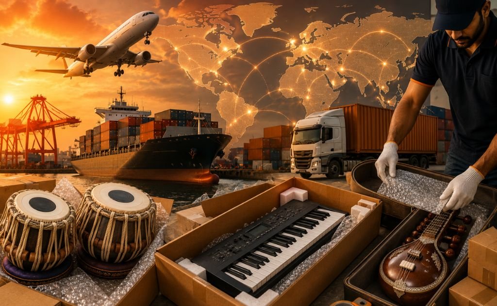 Professional musical instrument packing before international courier dispatch