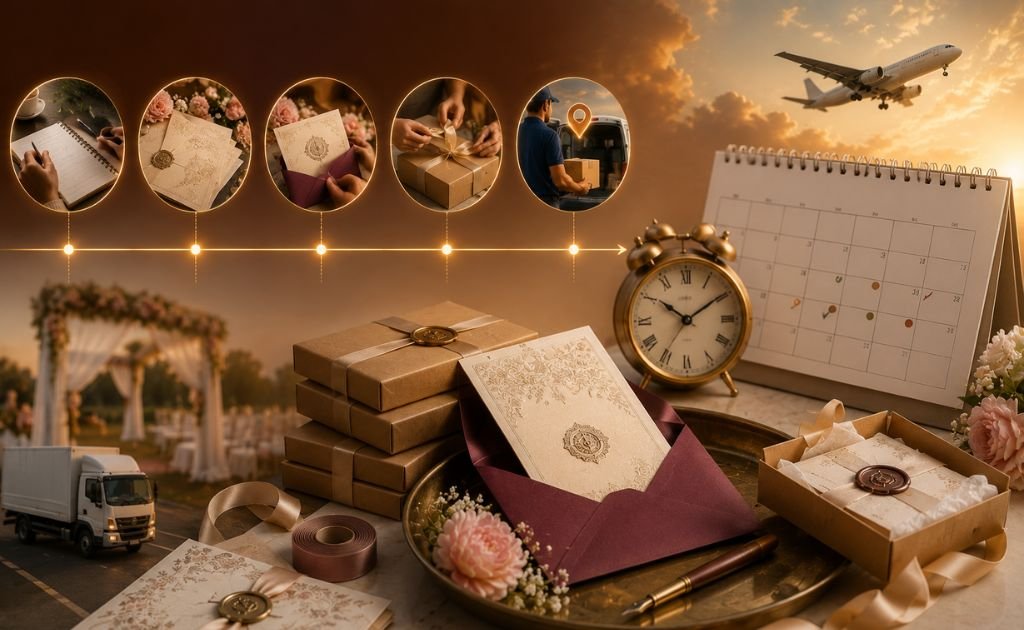 Timeline chart showing when to courier wedding invitations from Chennai for domestic and overseas guests