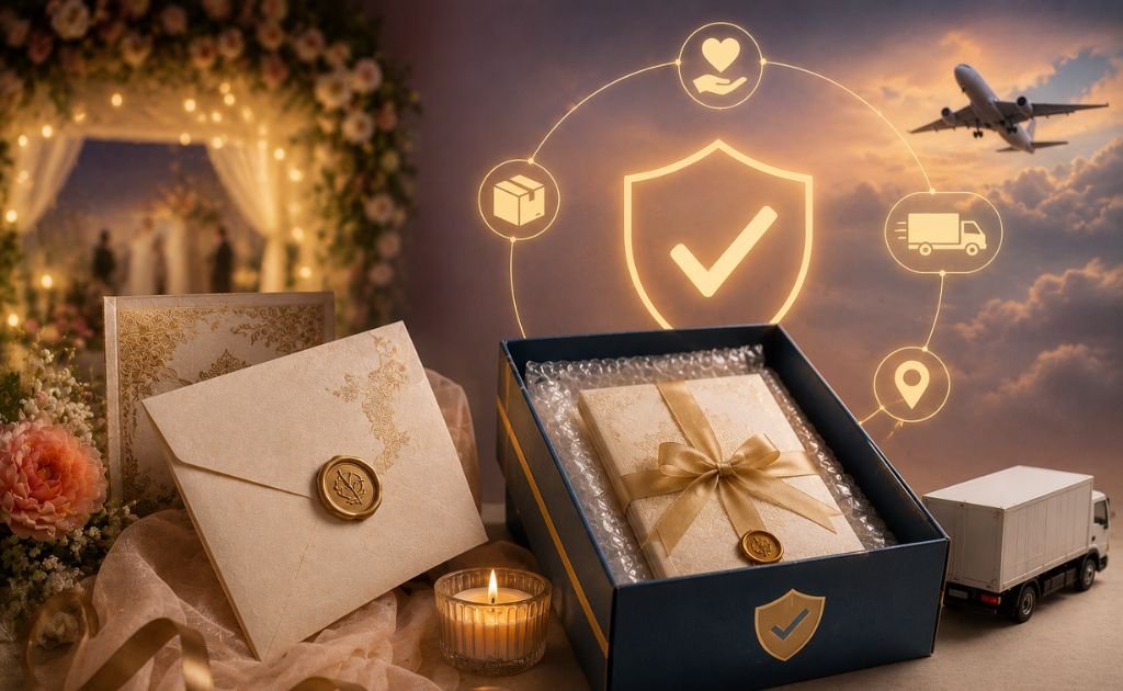 Galaxy Couriers team packing wedding invitation boxes for courier from Chennai