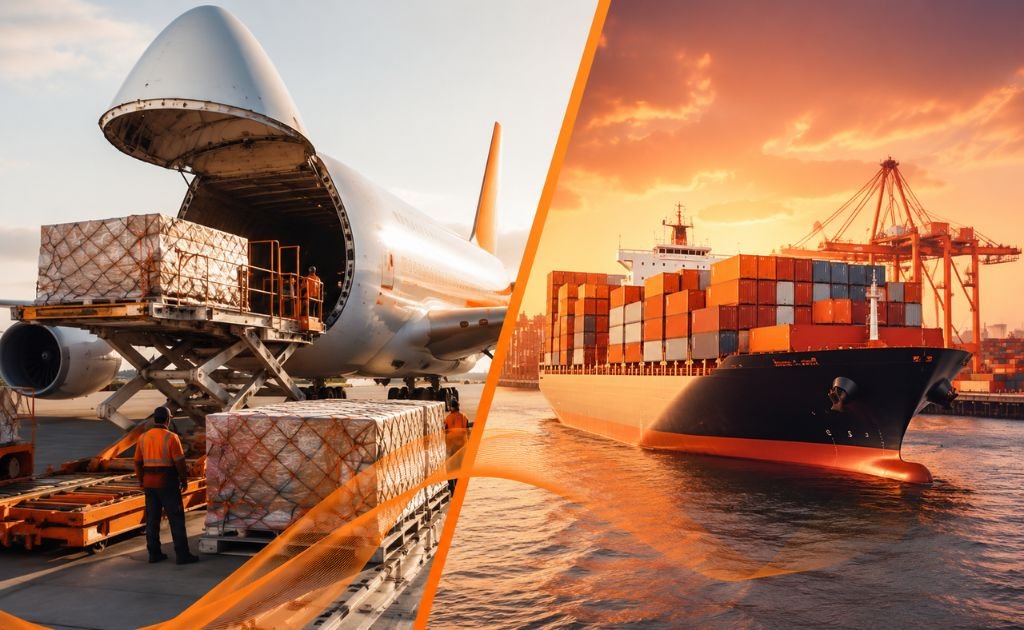 Air cargo loading and container ship representing air and sea freight options from Chennai