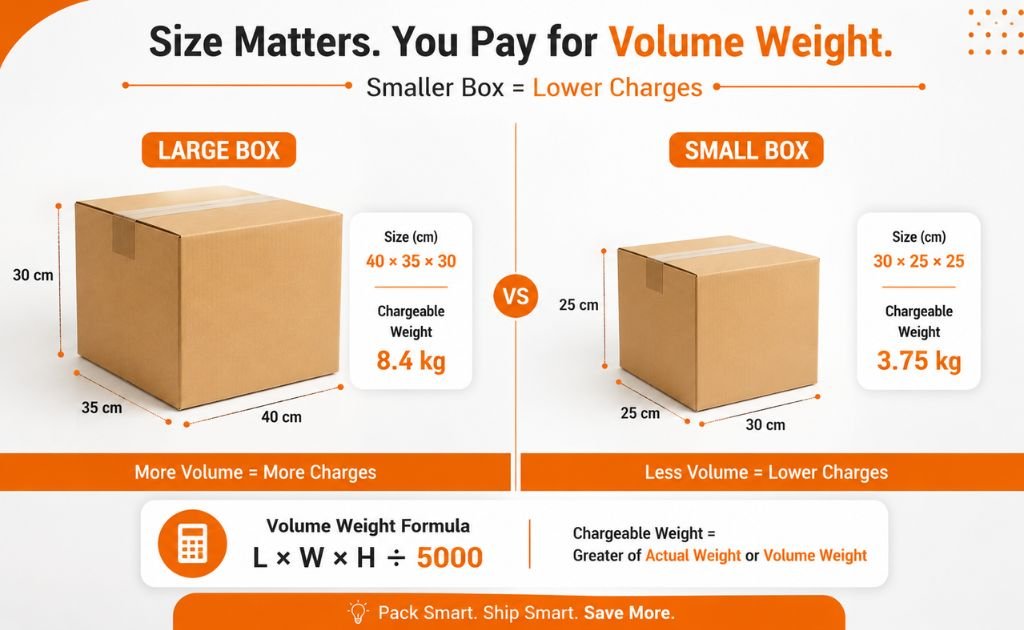 Volumetric weight calculation for a handicraft parcel showing box dimensions divided by 5000 to find chargeable weight