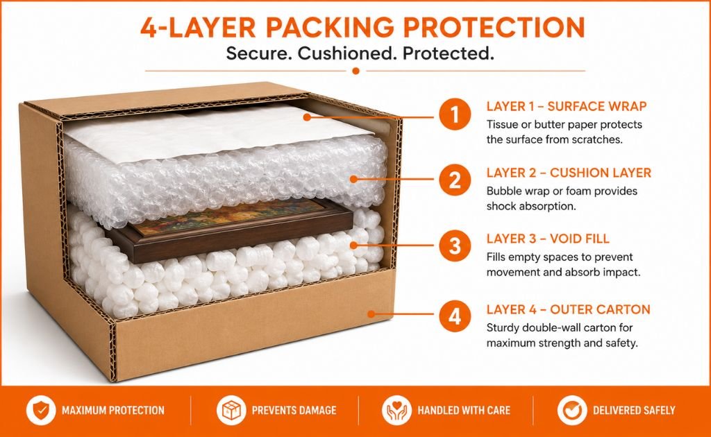 Four-layer handicraft packing method diagram showing surface wrap, cushioning, void fill and double-wall carton for fragile handmade items
