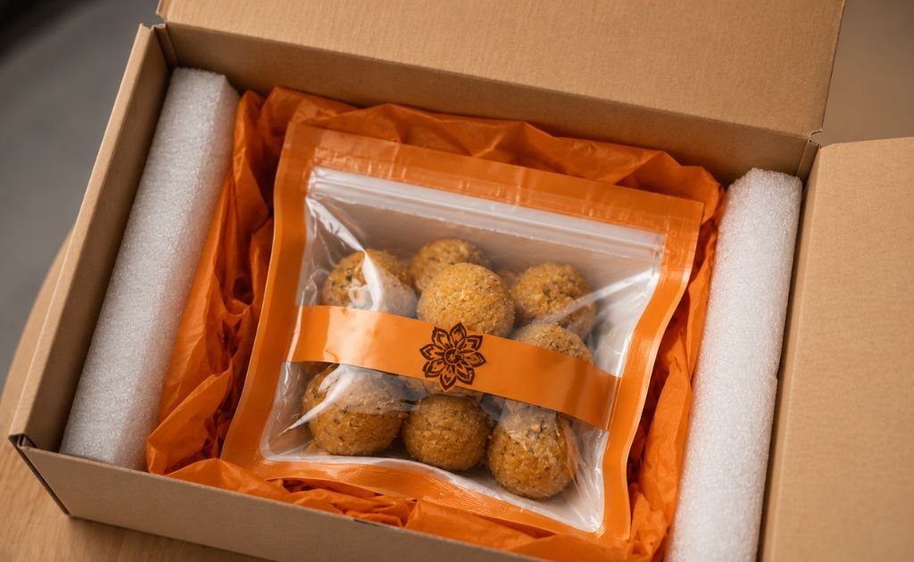 Dry prasadam sealed in food-grade packaging and cushioned inside a courier box - Temple Prasadam Courier Service in chennai