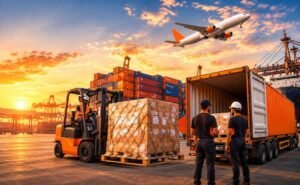 Containers and air cargo being prepared for international shipment in Chennai