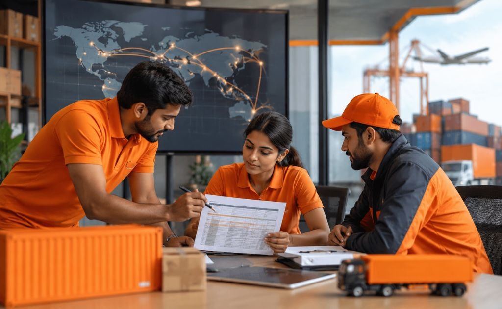 Logistics team reviewing shipping documents and an international freight route for International Freight Forwarding