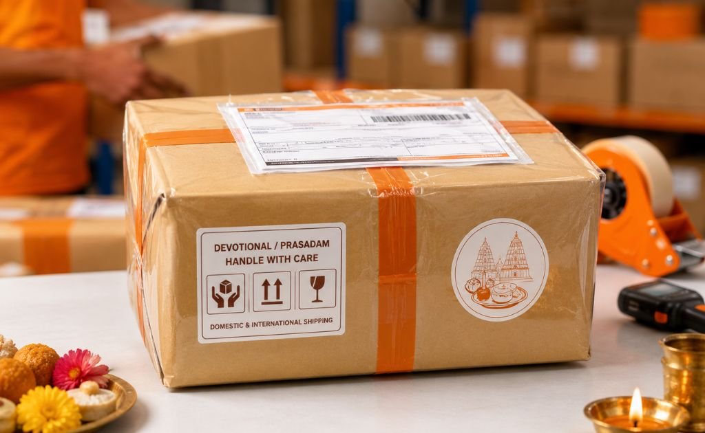 Labelled prasadam parcel prepared for domestic and international delivery from Chennai