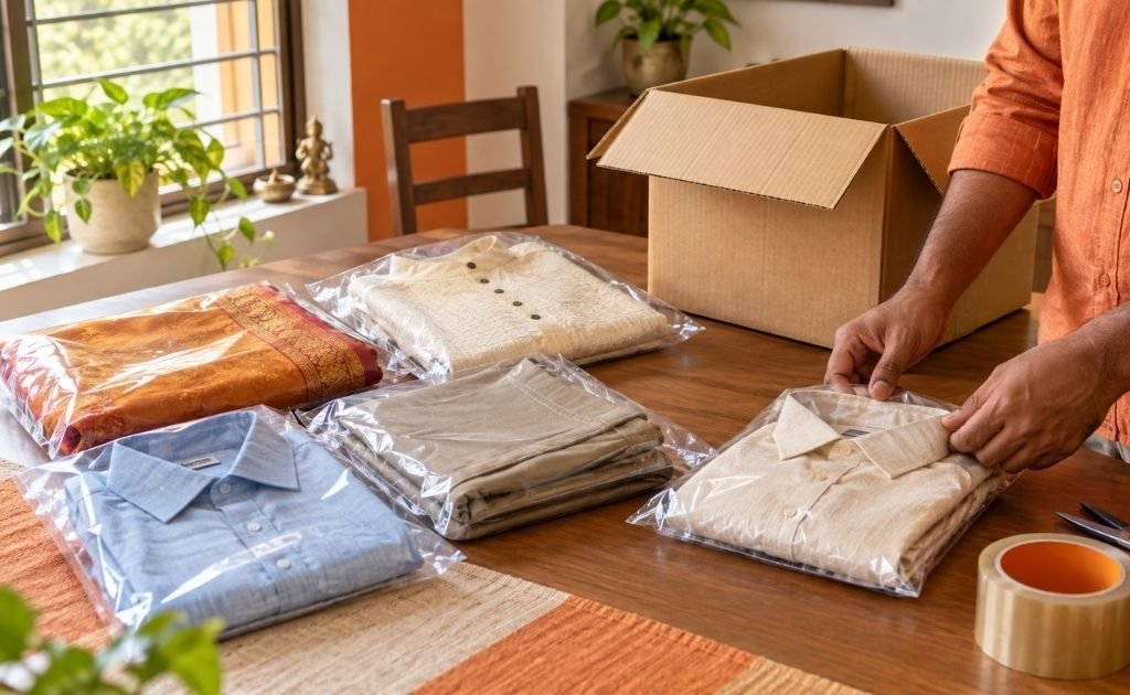 Clothes being packed carefully for courier shipping