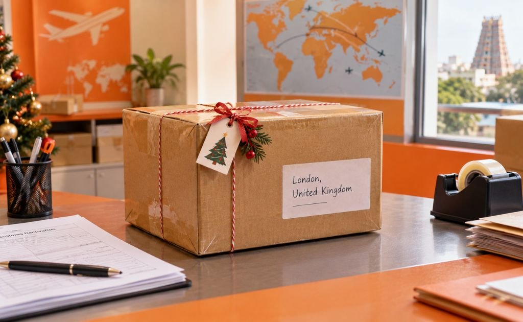 Sealed Christmas gift courier parcel with a handwritten overseas address label on a courier counter in Chennai, prepared for international shipping