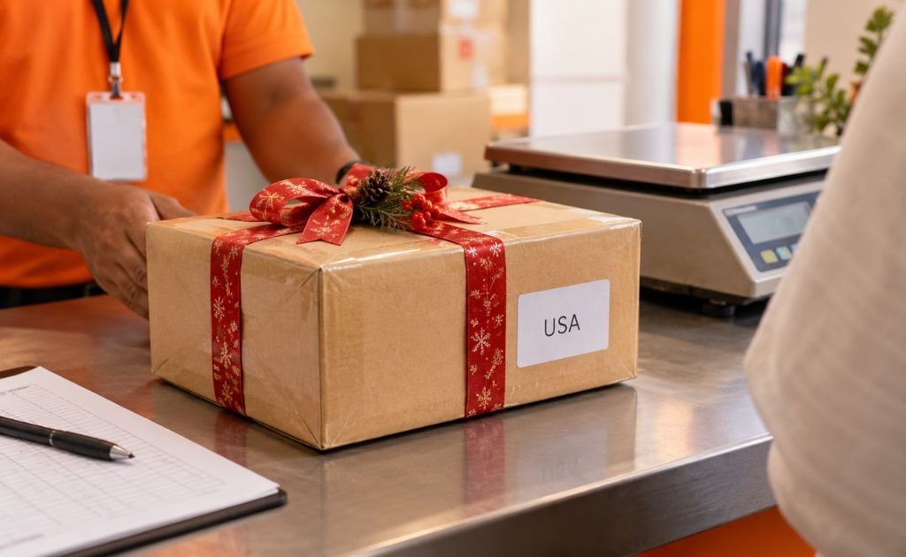 Sealed Diwali sweets parcel on a courier counter in Chennai with an address label for overseas delivery