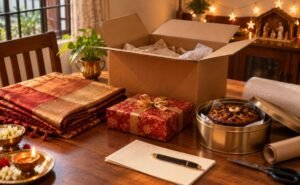 Wrapped Christmas gift, saree and plum cake tin beside an open shipping carton on a table in a Chennai home, ready for international courier