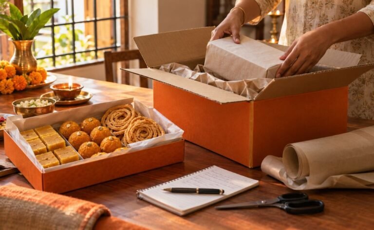 Box of dry Diwali sweets and murukku being packed into a courier carton for an overseas parcel from Chennai