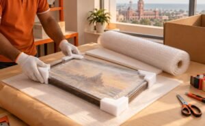 Framed painting covered with glassine and fitted with foam corner protectors on a packing bench, being prepared for fine art courier shipping from Chennai
