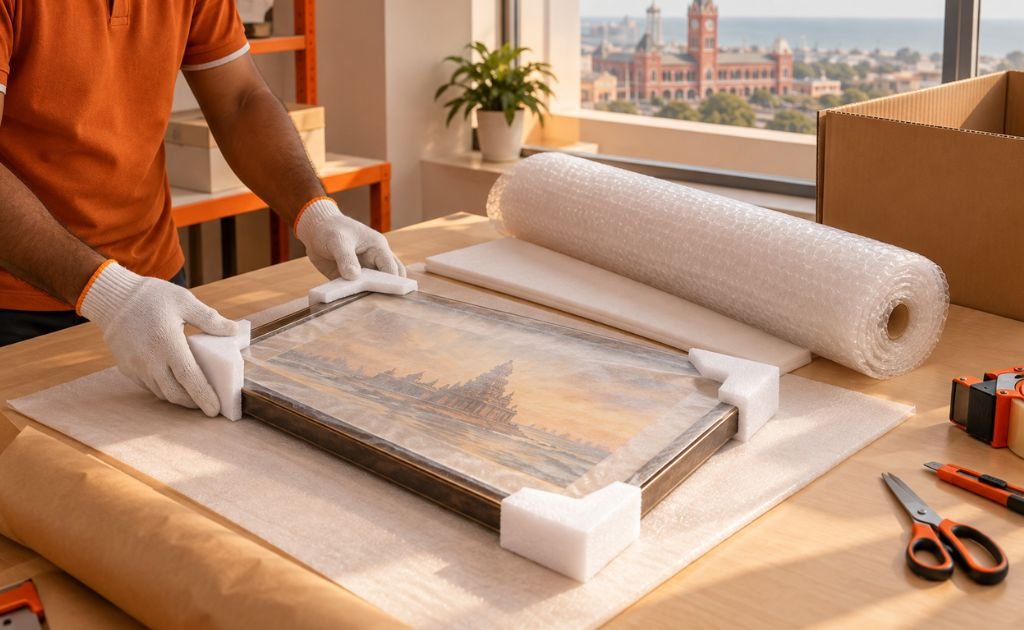 Framed painting covered with glassine and fitted with foam corner protectors on a packing bench, being prepared for fine art courier shipping from Chennai