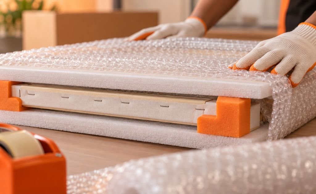 Close-up of a stretched canvas sandwiched between rigid foam boards with corner protectors while bubble wrap is applied for Fine Art Courier Service 