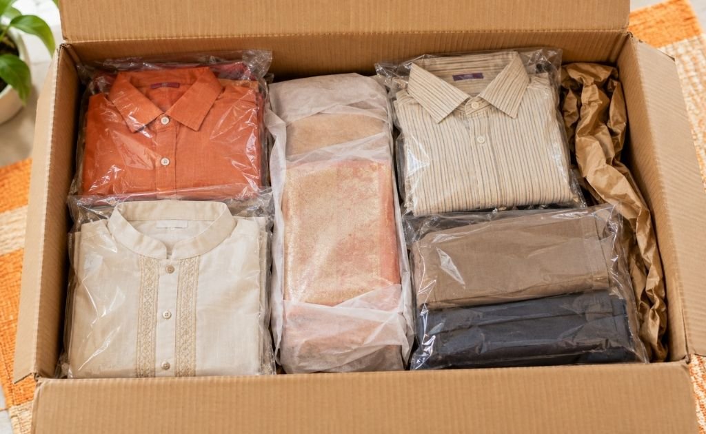 Clothes folded and protected inside a courier box
