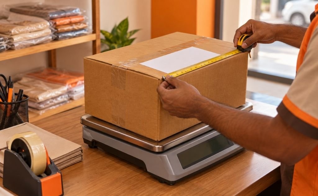 Clothing parcel being weighed and measured before courier dispatch