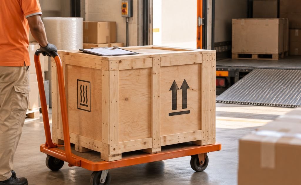Sealed wooden art crate with fragile and this-side-up labels on a trolley, ready for international shipping from Chennai