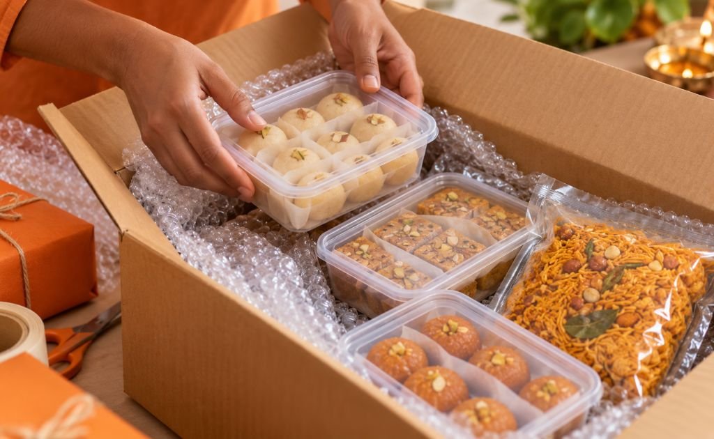 Sealed food-grade containers of Indian sweets layered with parchment and cushioned inside a shipping carton