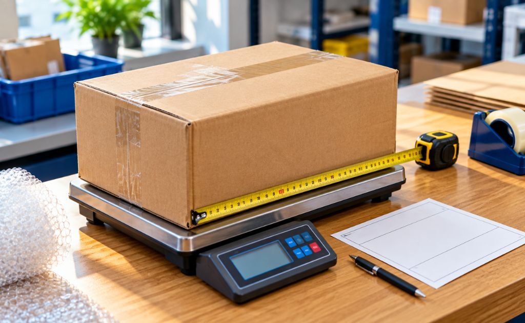 Sealed carton of books on a parcel scale with a tape measure and blank shipping label