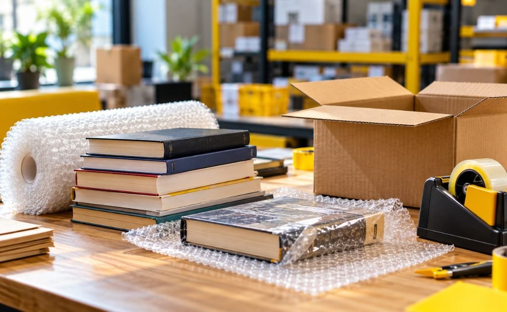 Hardcover and paperback books being wrapped and boxed for courier shipment on a packing table