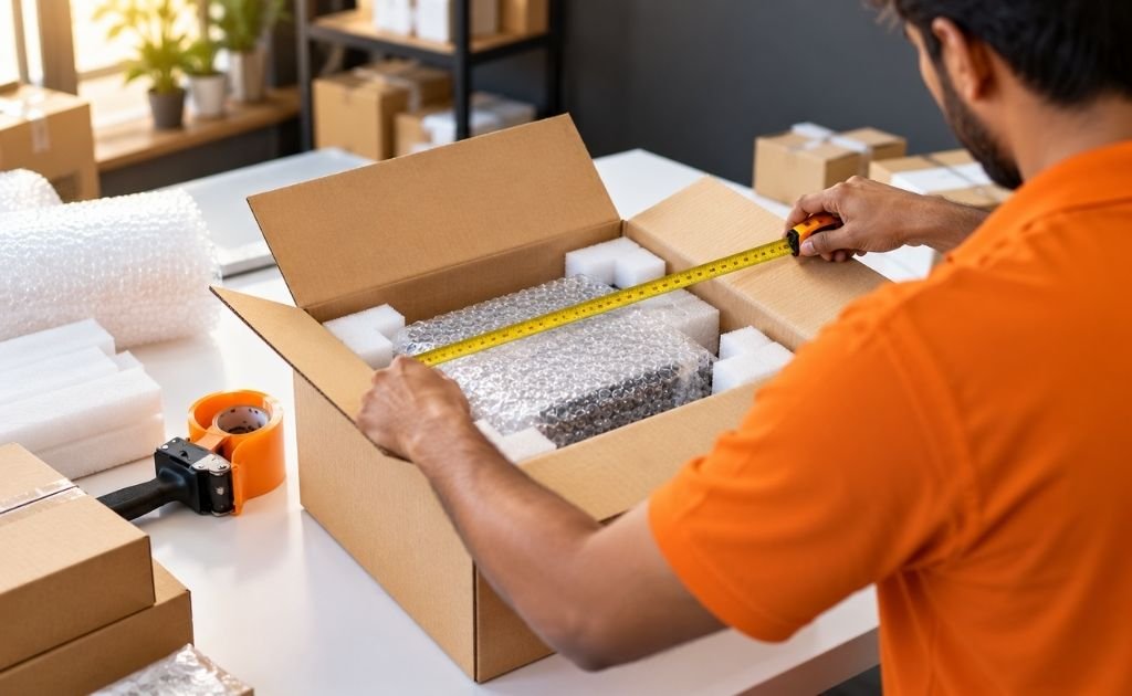Packing a parcel with bubble wrap and a strong carton for courier from Chennai to Dubai