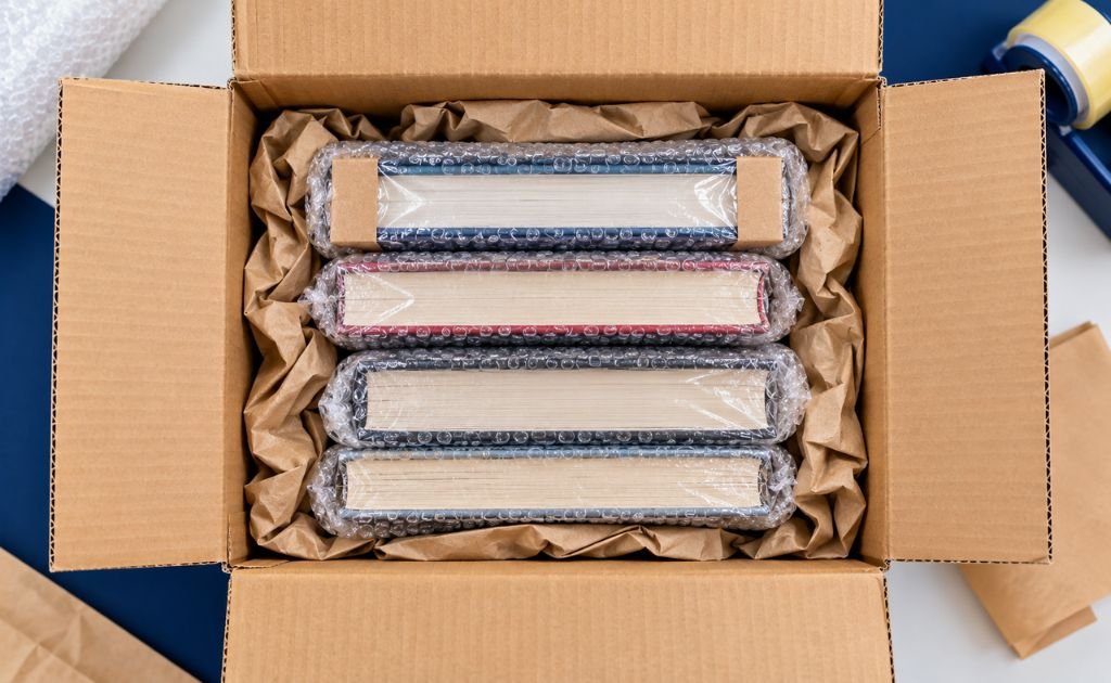 Books individually wrapped in plastic and bubble wrap, packed snugly in a corrugated box with paper filling - Books Courier Service
