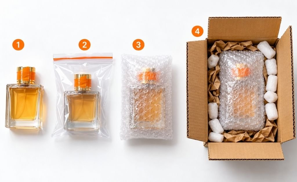How to pack perfume for courier – sealed bottle, leak-proof pouch, bubble wrap and double-wall box