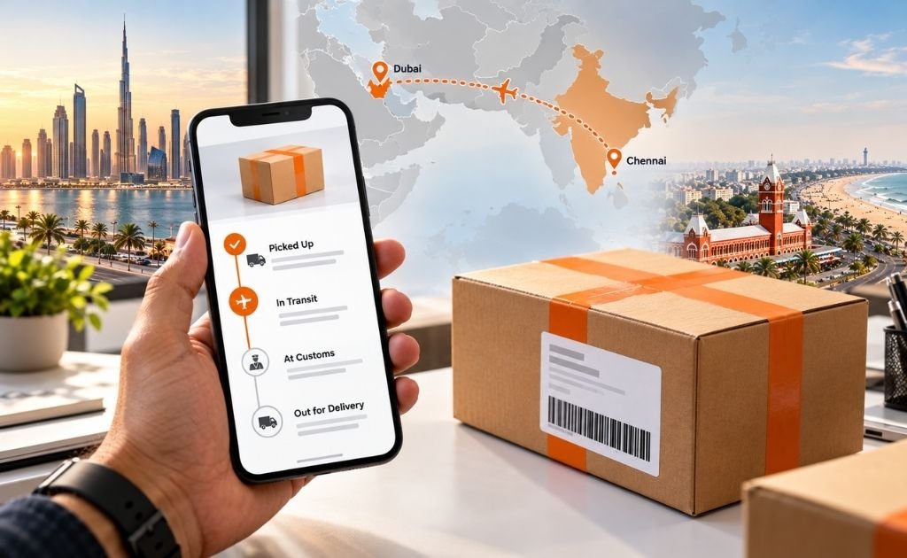 Tracking a international courier Chennai to Dubai shipment with an AWB number on a phone