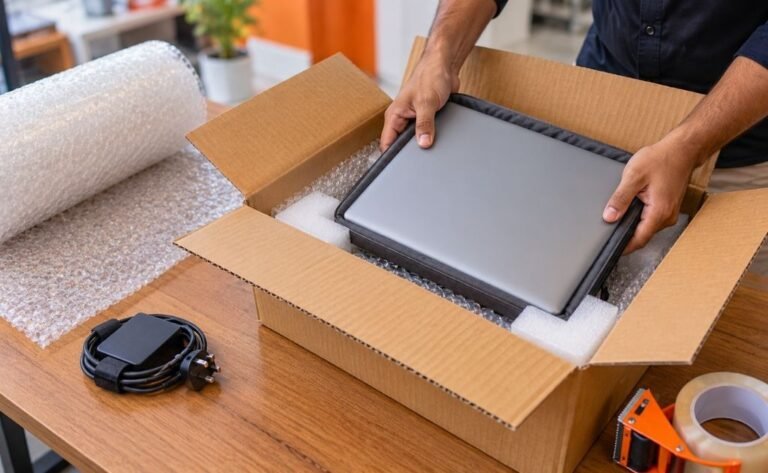 Laptop in a padded sleeve being placed into a cushioned carton for courier