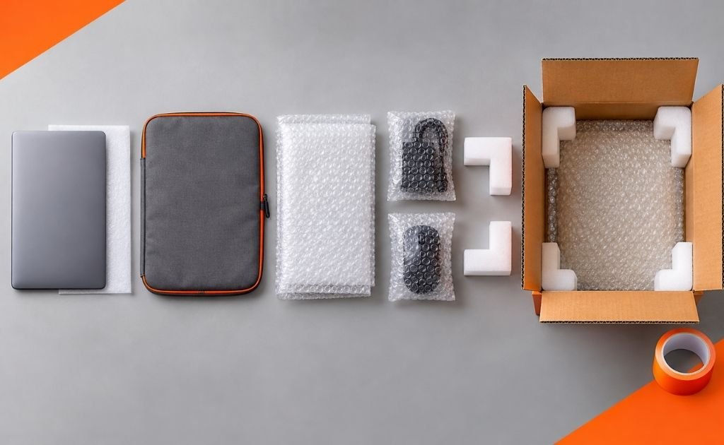 Laptop packing materials laid out in order: foam sheet, padded sleeve, bubble wrap, wrapped charger and a double-wall carton