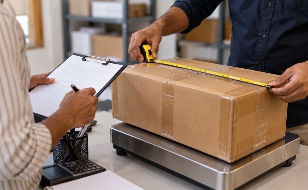 Sealed laptop parcel being weighed and measured at a courier counter before booking