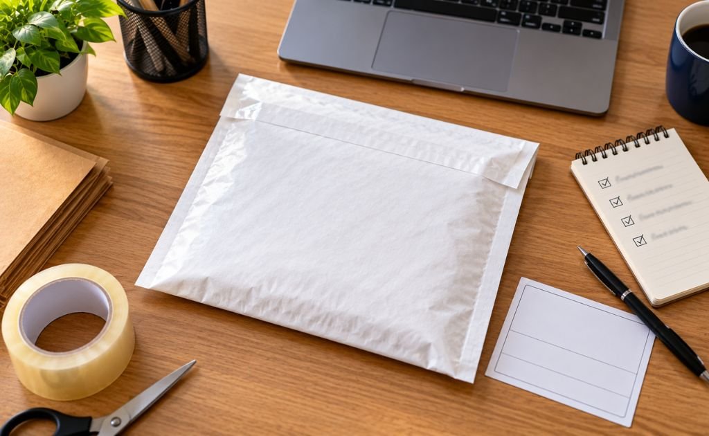 Sealed document envelope on a desk next to a blank shipping label, a pen and a handwritten checklist