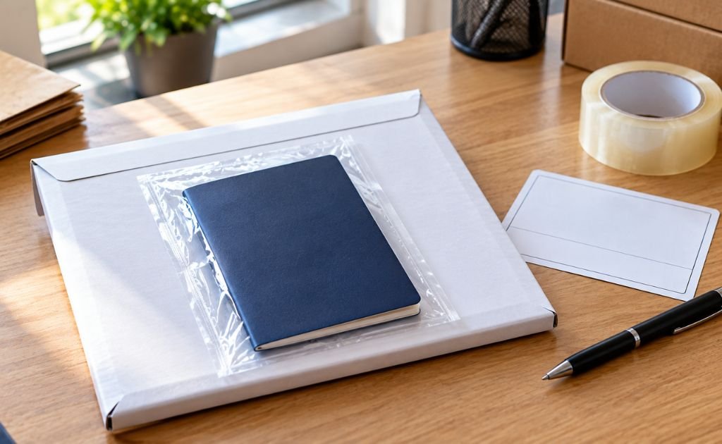 Generic navy passport booklet in a clear document sleeve beside a plain courier envelope on a packing desk