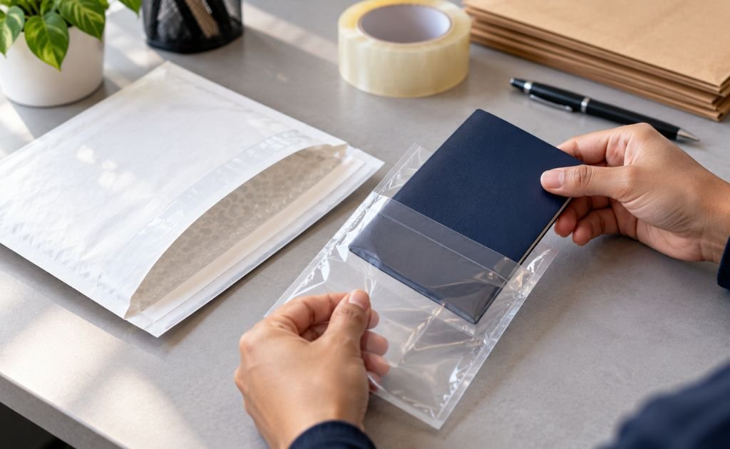 Close-up of a passport booklet being slid into a protective sleeve before going into a courier envelope Passport Courier Service