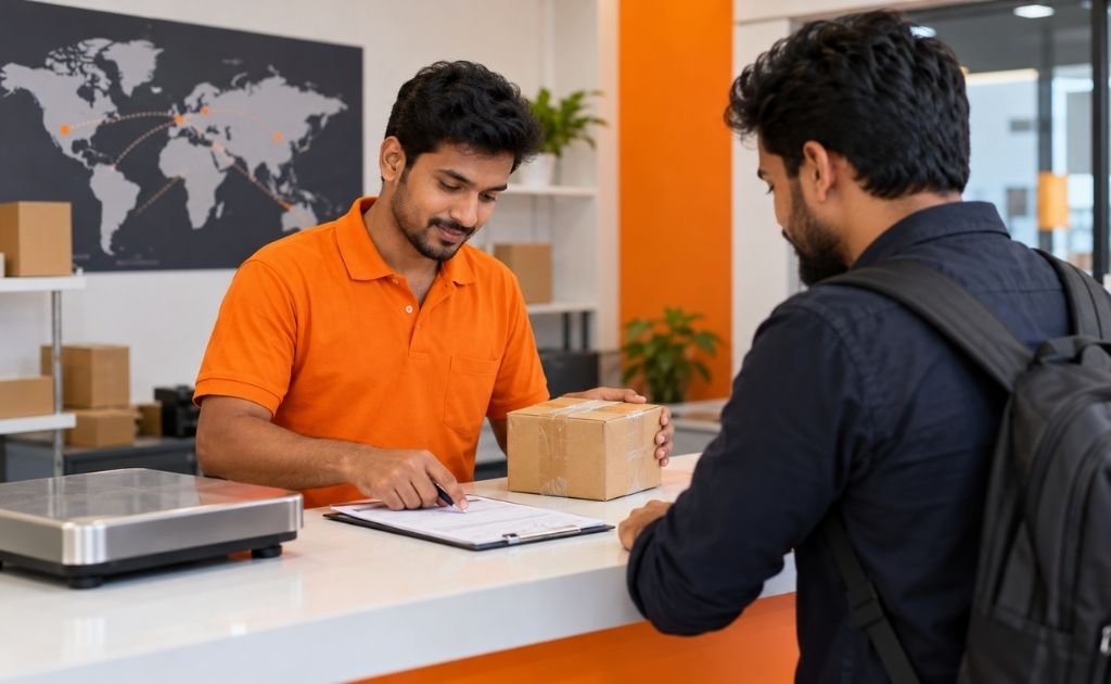 Perfume courier from Chennai – Galaxy Couriers staff checking a perfume shipment before booking
